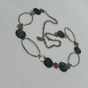 Mixed Metal Verdigris Patina Hammered Disc Long Station Necklace Boho Statement